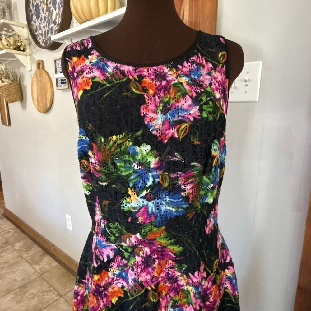 Betsey Johnson sleeveless dress size 14 colorful floral print lace overlay whims - Picture 2 of 12